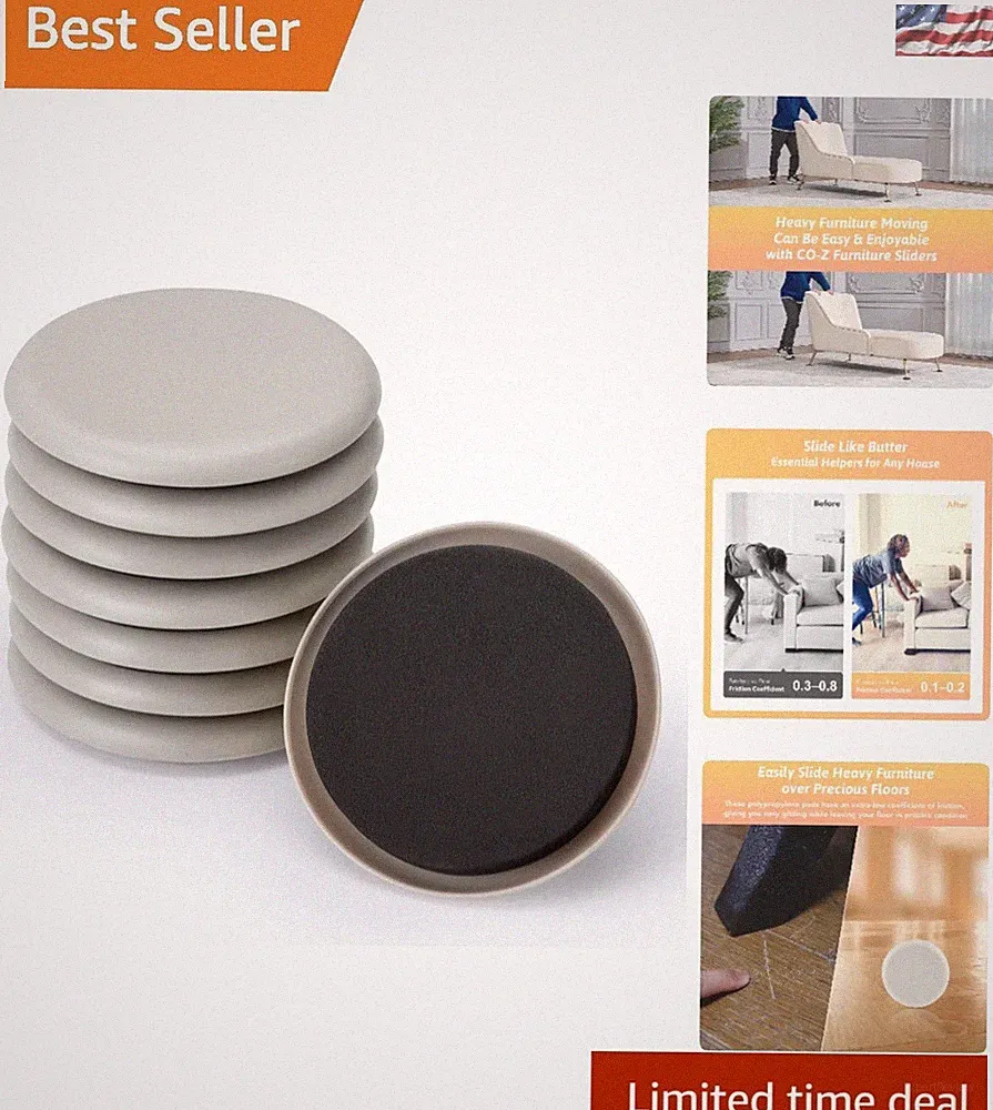 8 Reusable Furniture Sliders - 3.5" Gliders for Safe Moving on Carpet & Hardwood