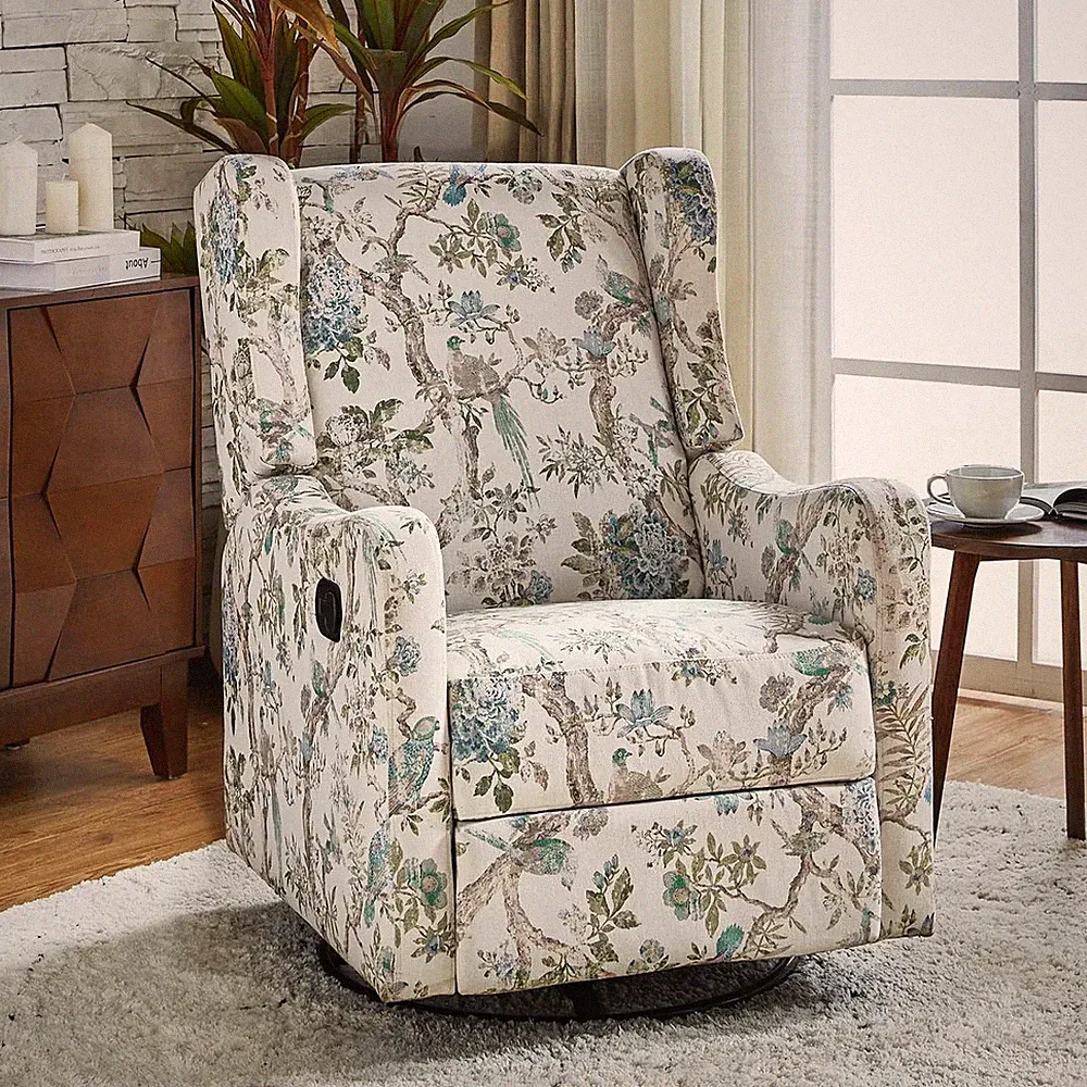 Floral Swivel Glider Recliner Chair with Adjustable Backrest & Footrest
