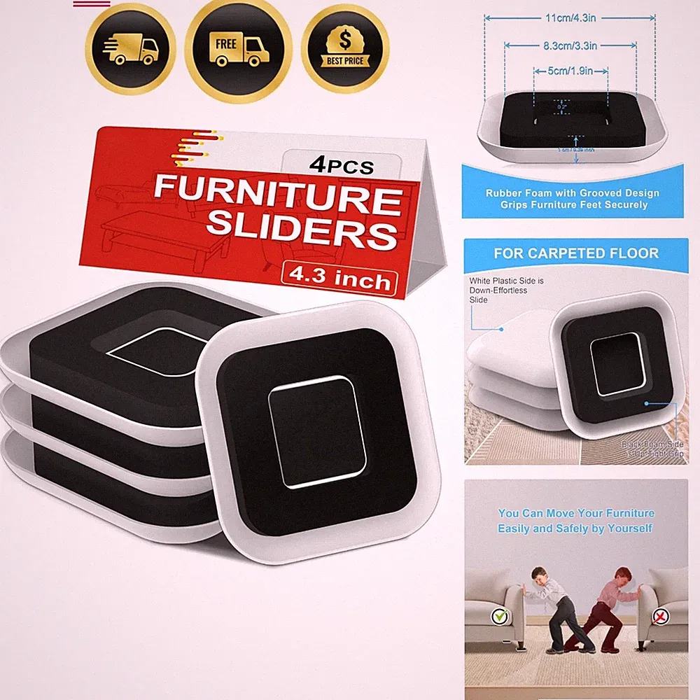 Furniture Sliders for Carpets 4 Pack Heavy Duty Moving Pads Anti-Slip Groove