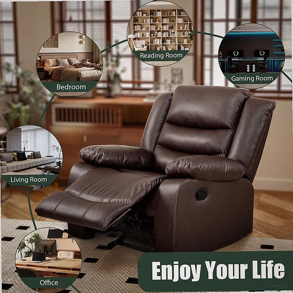 Home Theater Rocker Recliner Chair Brown Faux Leather Manual Glider Reclining