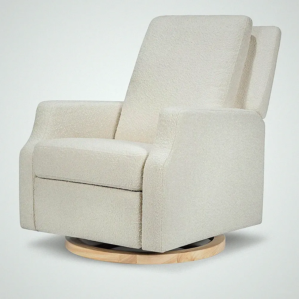 Ivory Boucle Swivel Glider Recliner with Light Wood Base, Greenguard Gold