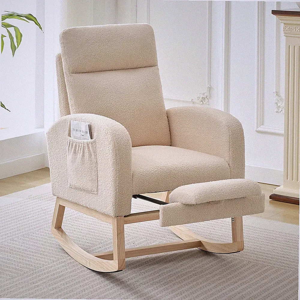 Nursery Rocking Chair|Footrest Teddy Upholstered Glider Recliner, Comf. Rocker