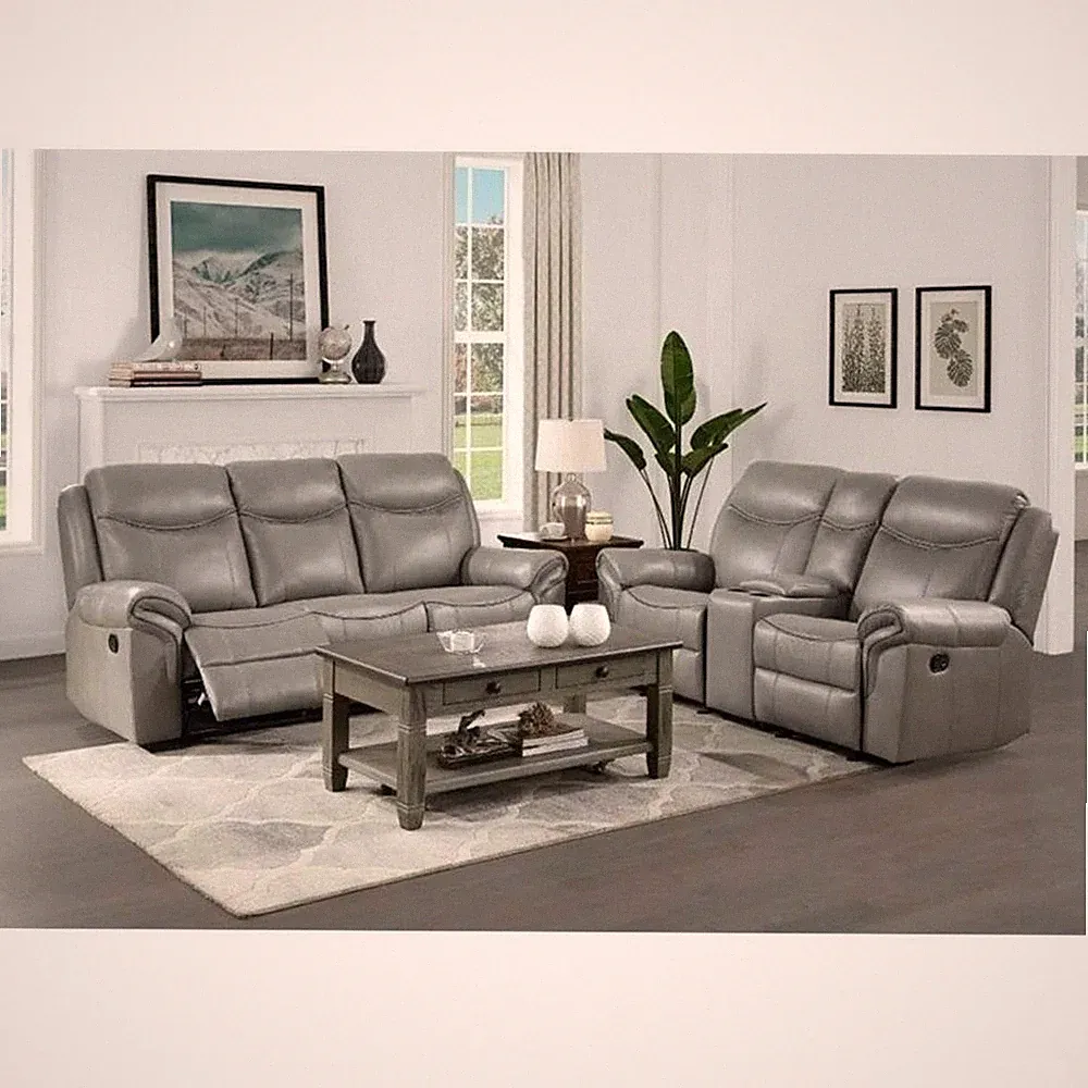 Pemberly Row Traditional Faux Leather Double Glider Reclining Loveseat in Gray