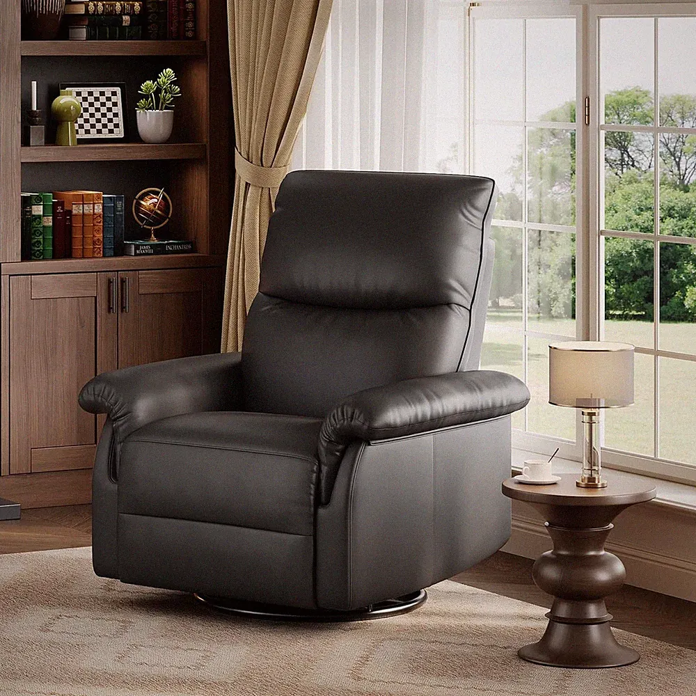 PU Leather Swivel Rocker Recliner Chair 360° Glider Manual Recline Black 350lb
