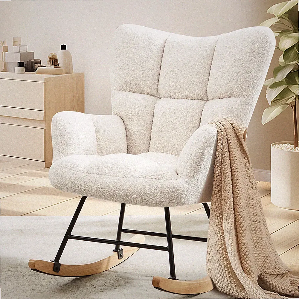 Rocking Chair Soft Glider Accent Armchair Wide Backrest Teddy Padded Rocker